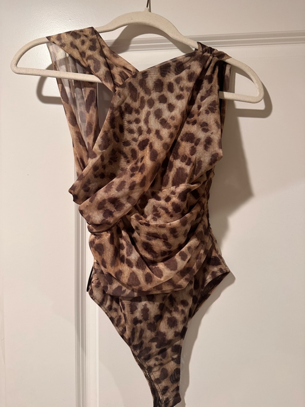 Zara Leopard Print Draped Bodysuit - Brown